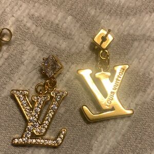 Gold-tone LV Logo Drop Earrings with Crystal Pavé